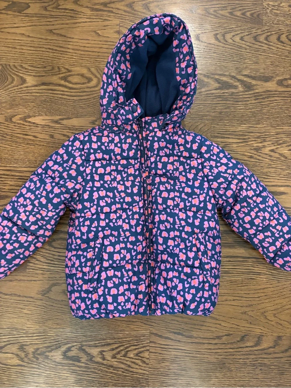 Kids Hooded Puffer Jacket in Navy with Pink Leopard Print! Never worn!